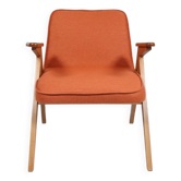 Fauteuil vintage design moderne tissu laine naturelle Sicile couleur bois noyer clair orange 1970 design space age
