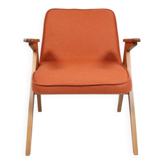 Fauteuil vintage design moderne tissu laine naturelle Sicile couleur bois noyer clair orange 1970 design space age