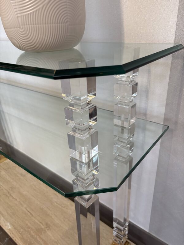 Console style Hollywood Regency en travertin, verre et lucite