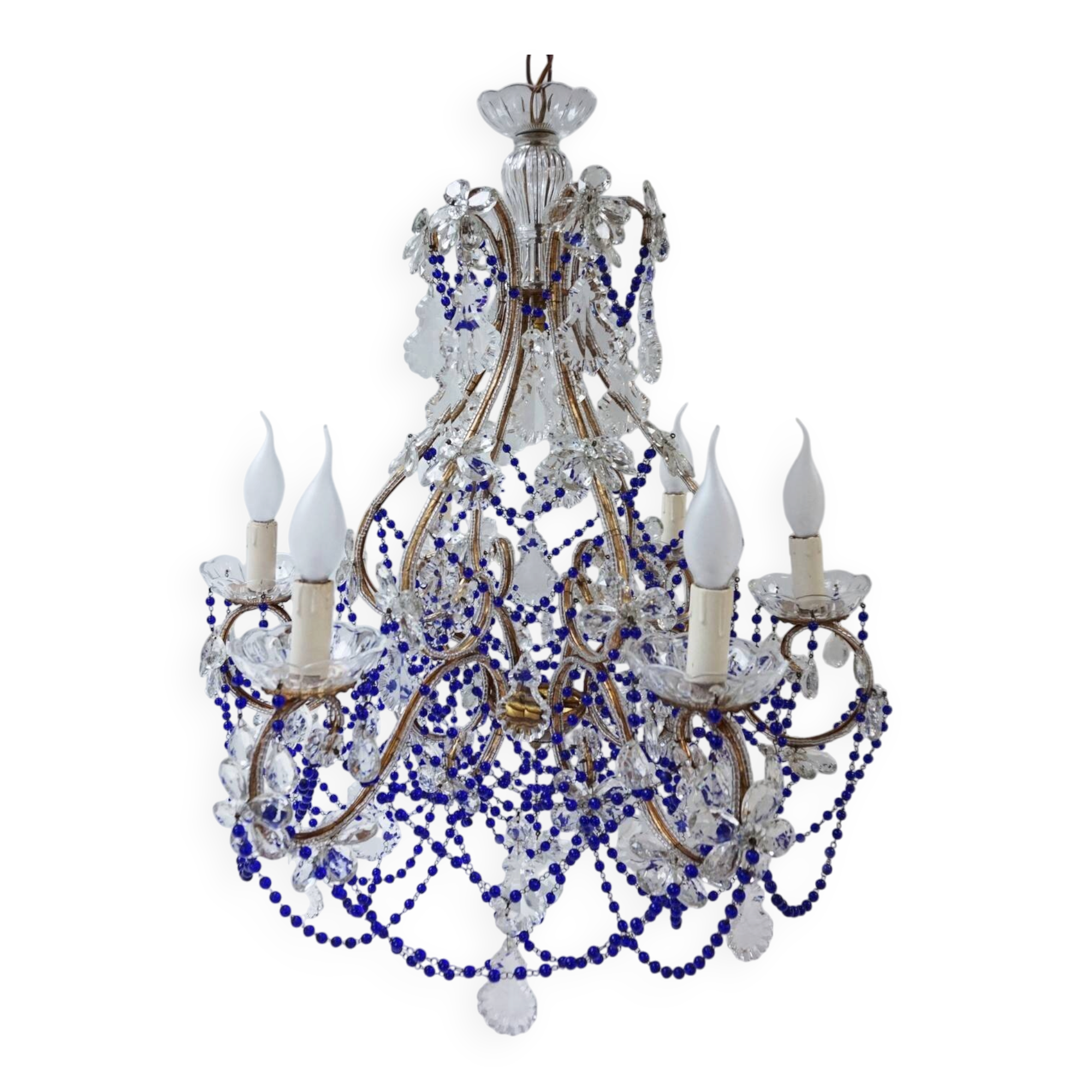 Italian Chandelier with Cobalt Blue Murano Glass Beaded Strings and Crysta