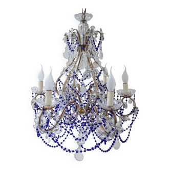 Italian Chandelier with Cobalt Blue Murano Glass Beaded Strings and Crysta
