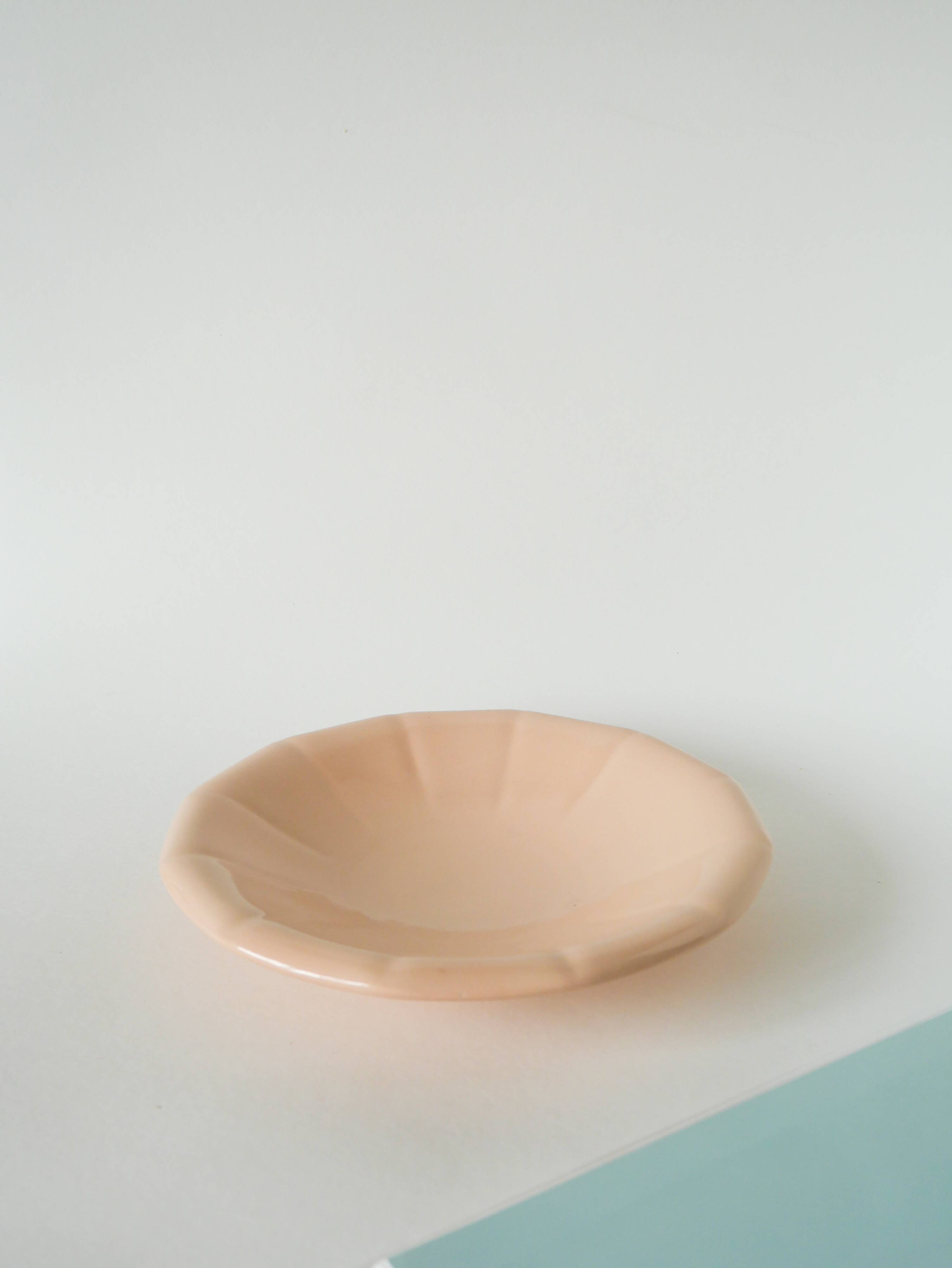 Digoin Sarreguemines pleated hollow dish, powder pink, 1960