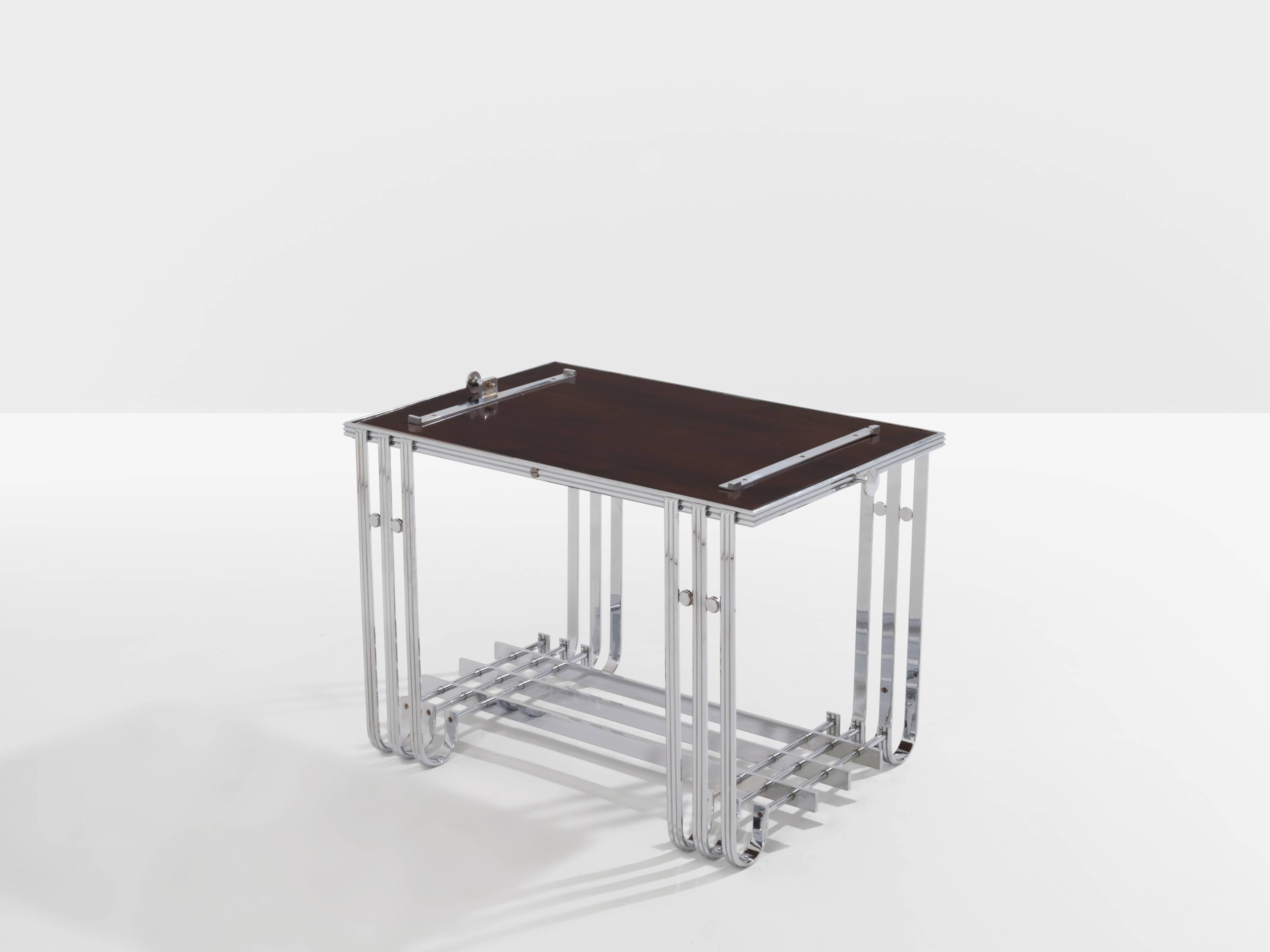 Modernist Art Deco walnut and nickel-plated metal bar table circa 1930