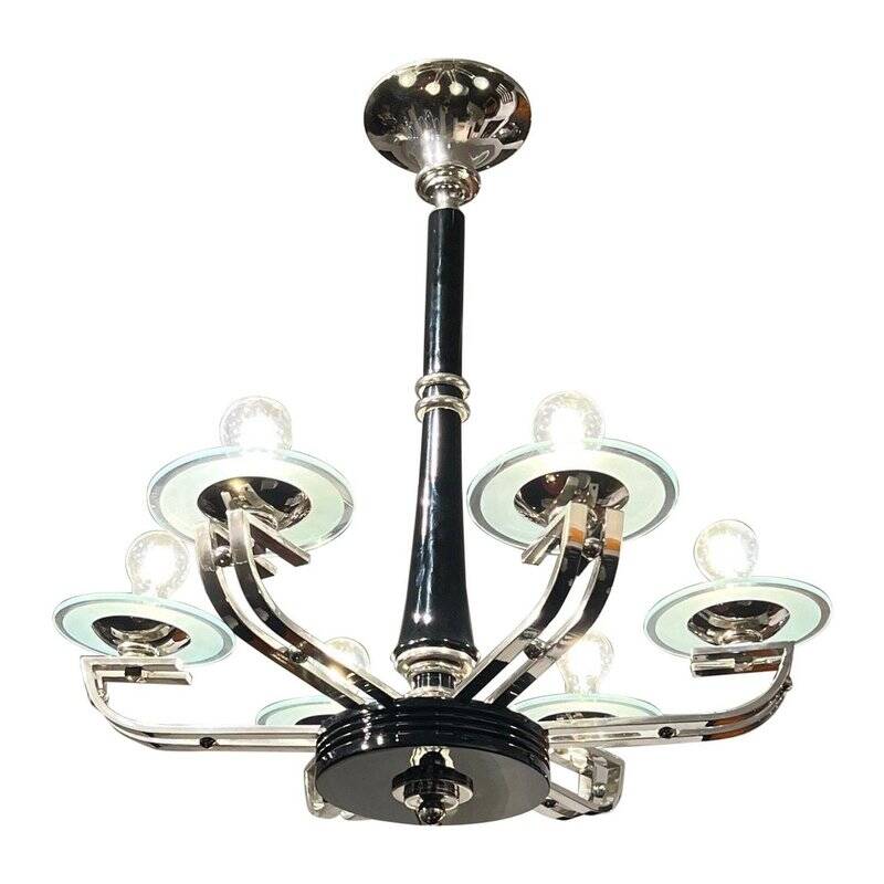 Chandelier Art Déco en laque noire et verre, 1930