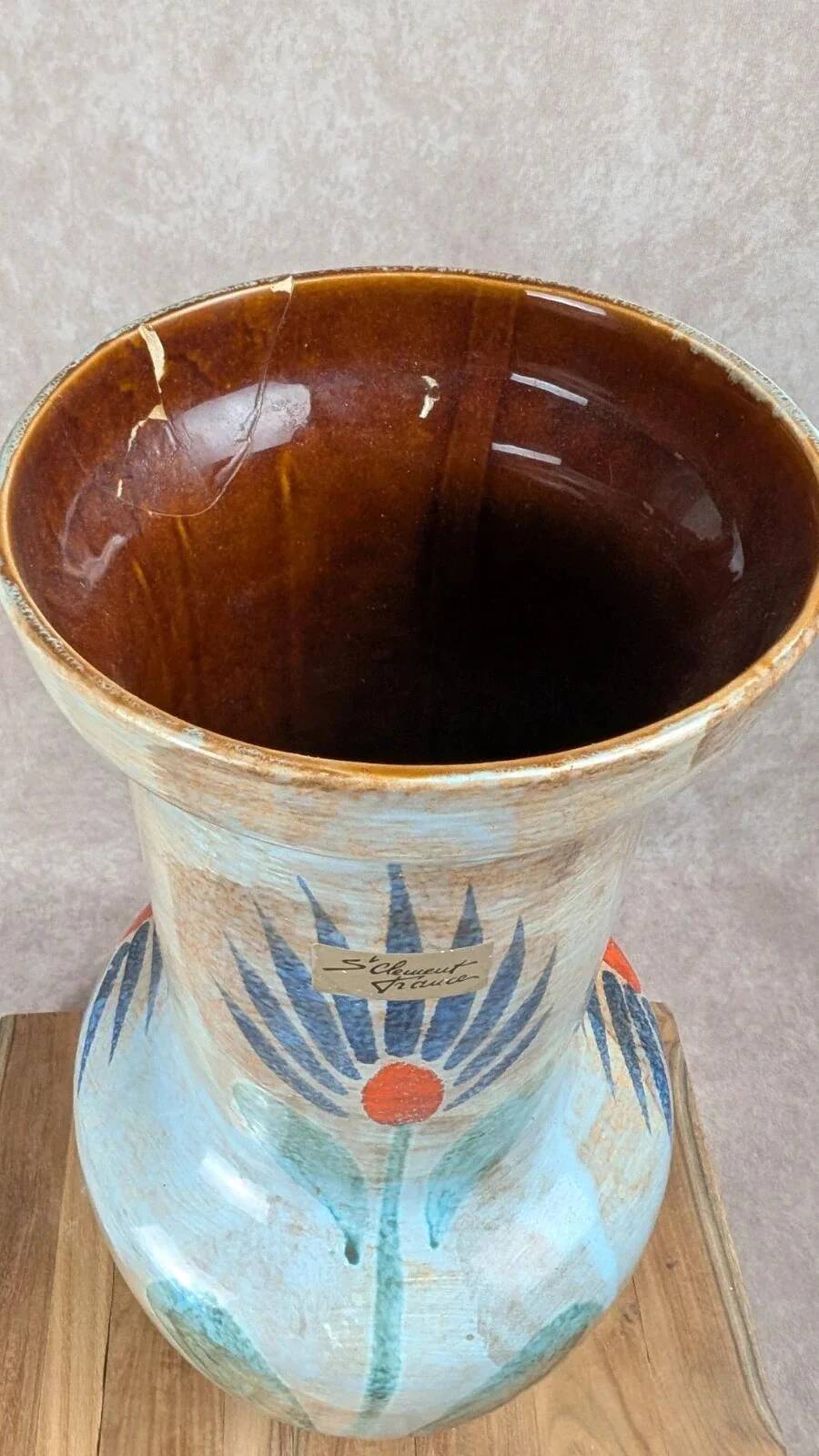 Large vintage vase Saint-Clément France – hand-painted floral decoration