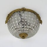 Half-basket ceiling light with 3 bronze lights and glass pendants. 1980s