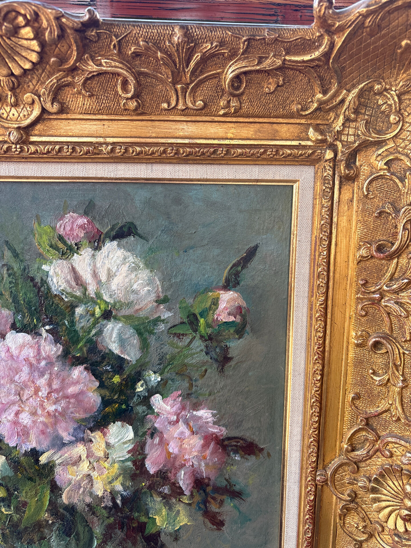 Large painting by Victor Zolnierowicz, peonies, oil on canvas, frame year