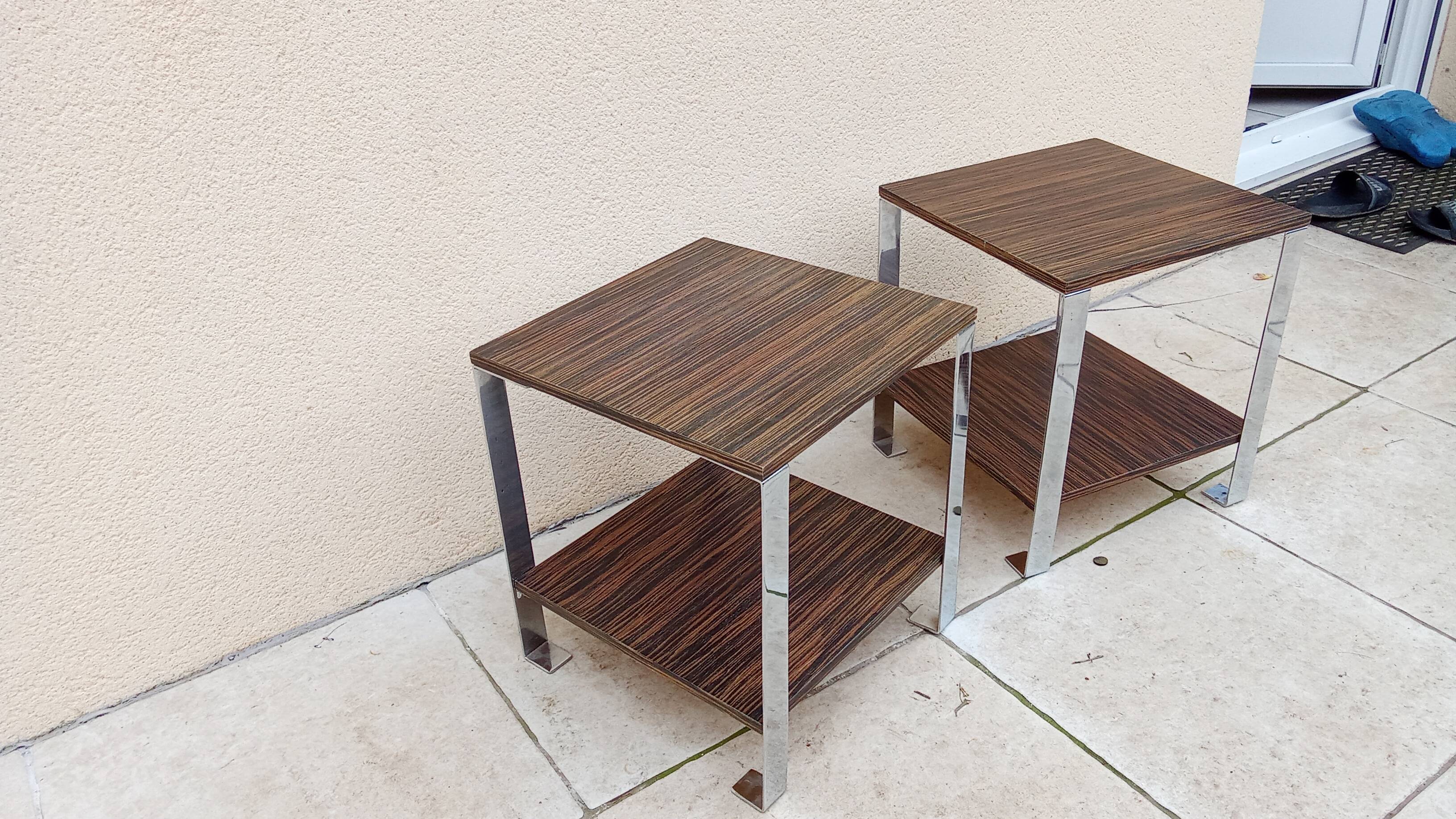 Pair of vintage 70s chrome zebrano wood bedside tables