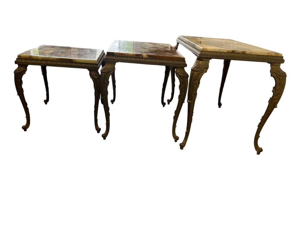 Ensemble de 3 tables gigognes vintage / tables d'appoint en onyx