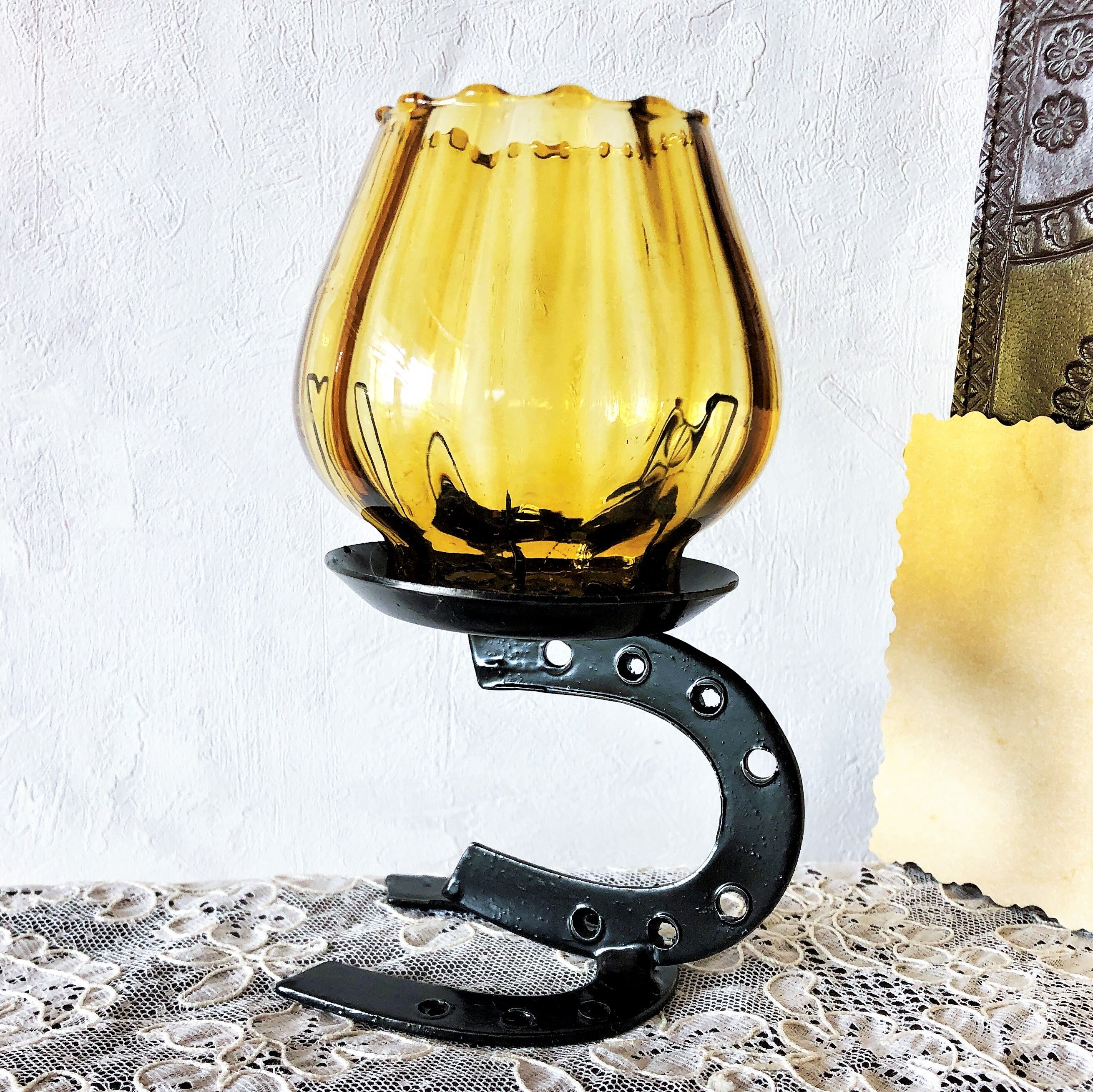 Candle holder photophore iron and amber glass vintage