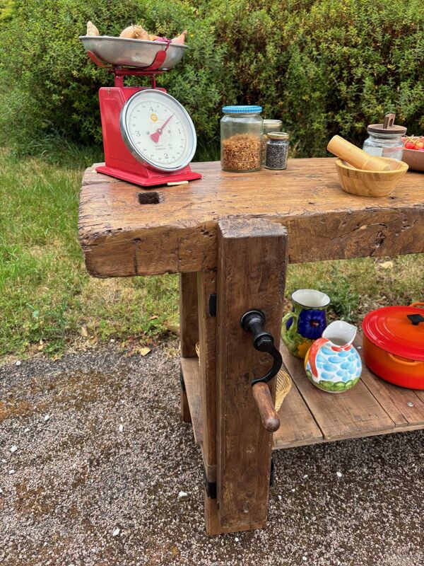 Ancien établi de menuisier restauré – Console / table d'appoint en bois mas