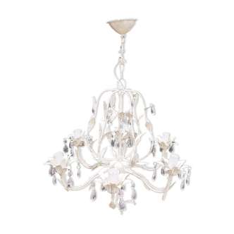 Lustre blanc à fleurs à 6 branches et pampilles