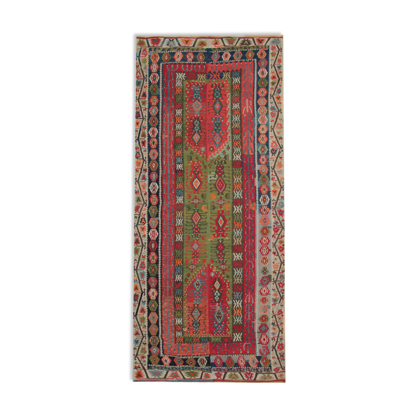 Decorative Tribal Antique Rug, Handwoven Green, Red Oriental Rug- 179x413cm