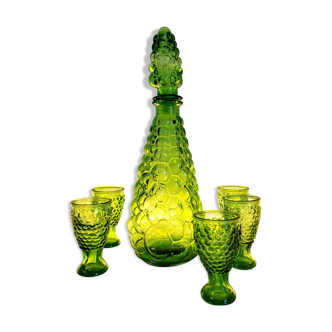 Empoli glazen karaf, Italy, jaren 60, bubbelmotief, groen, 5 glaasjes