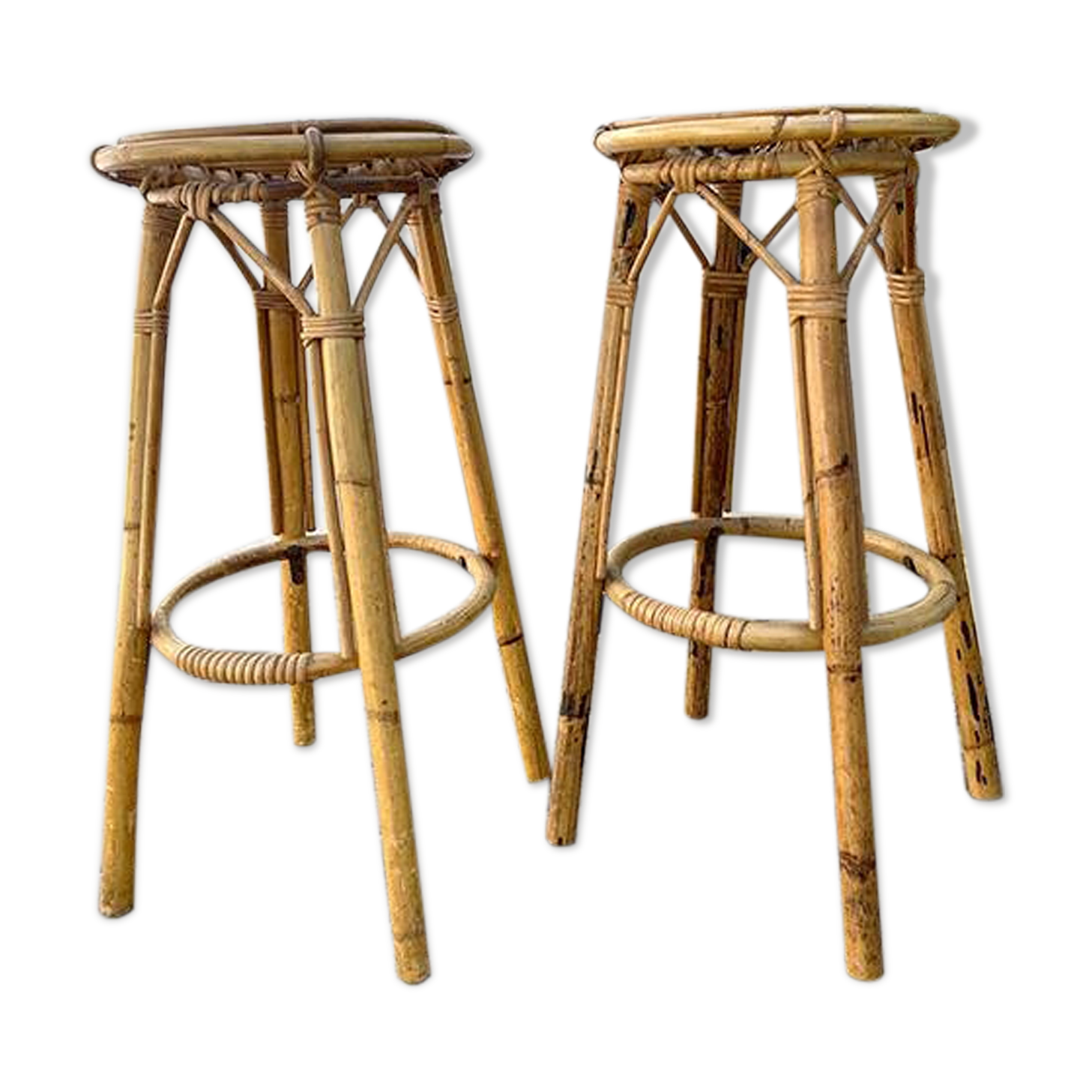 Paire de tabouret en bambou et rotin