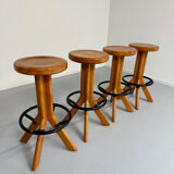 Set of 4 solid elm wood bar stools, vintage 70s design