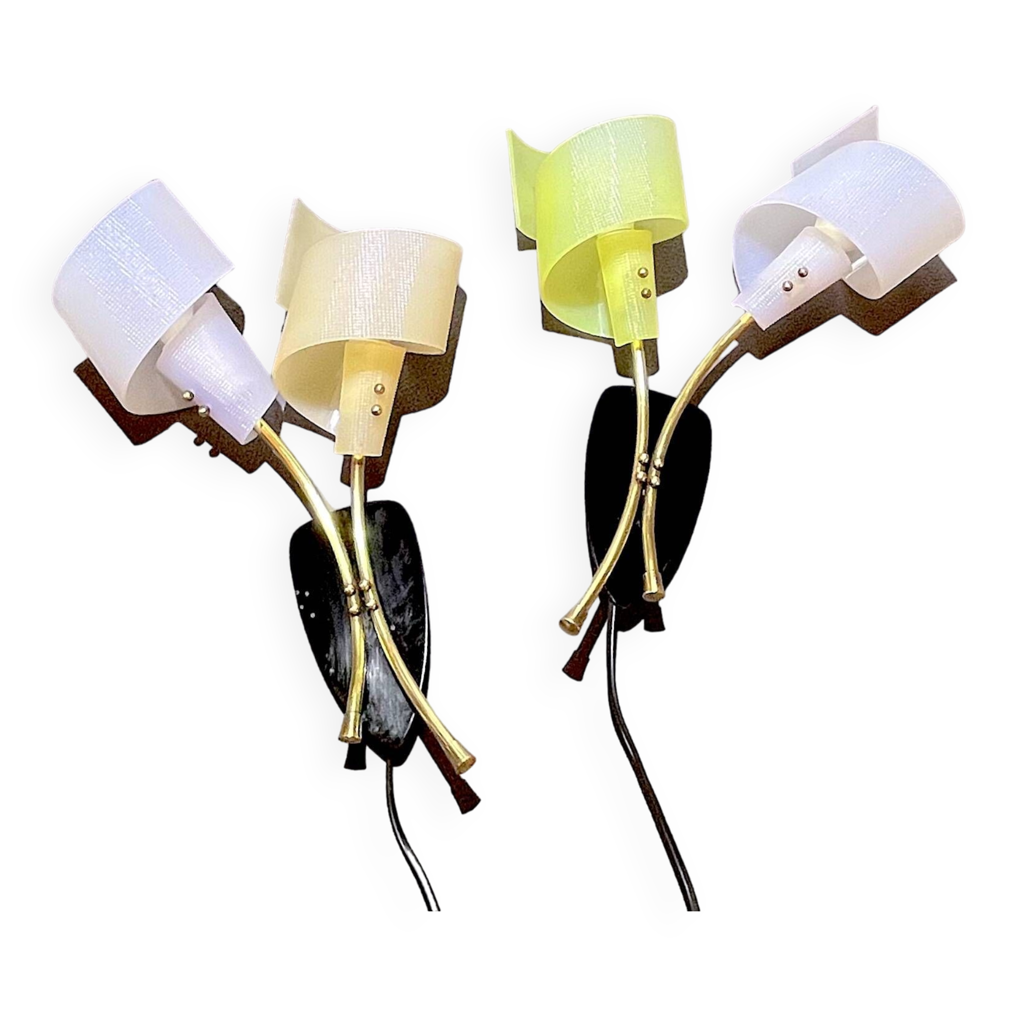 Pair of "vintage" wall lights in brass, perspex, and black bakelite, France Mid-Century