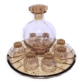 Ensemble Art Deco Carafe Verres Plateau en verre rose