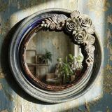 Round wall mirror in blue stoneware La Borne Catido floral decoration 1960 - Accidents