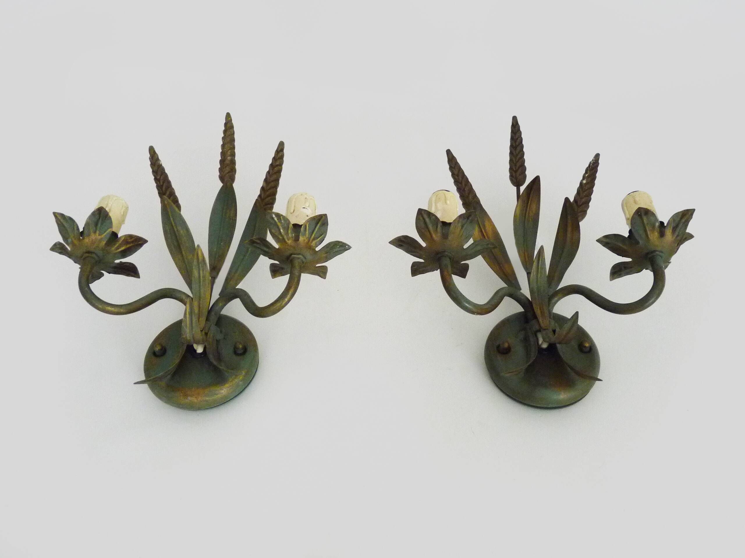 Pair of vintage metal wall sconces in the shape of wheat ears.