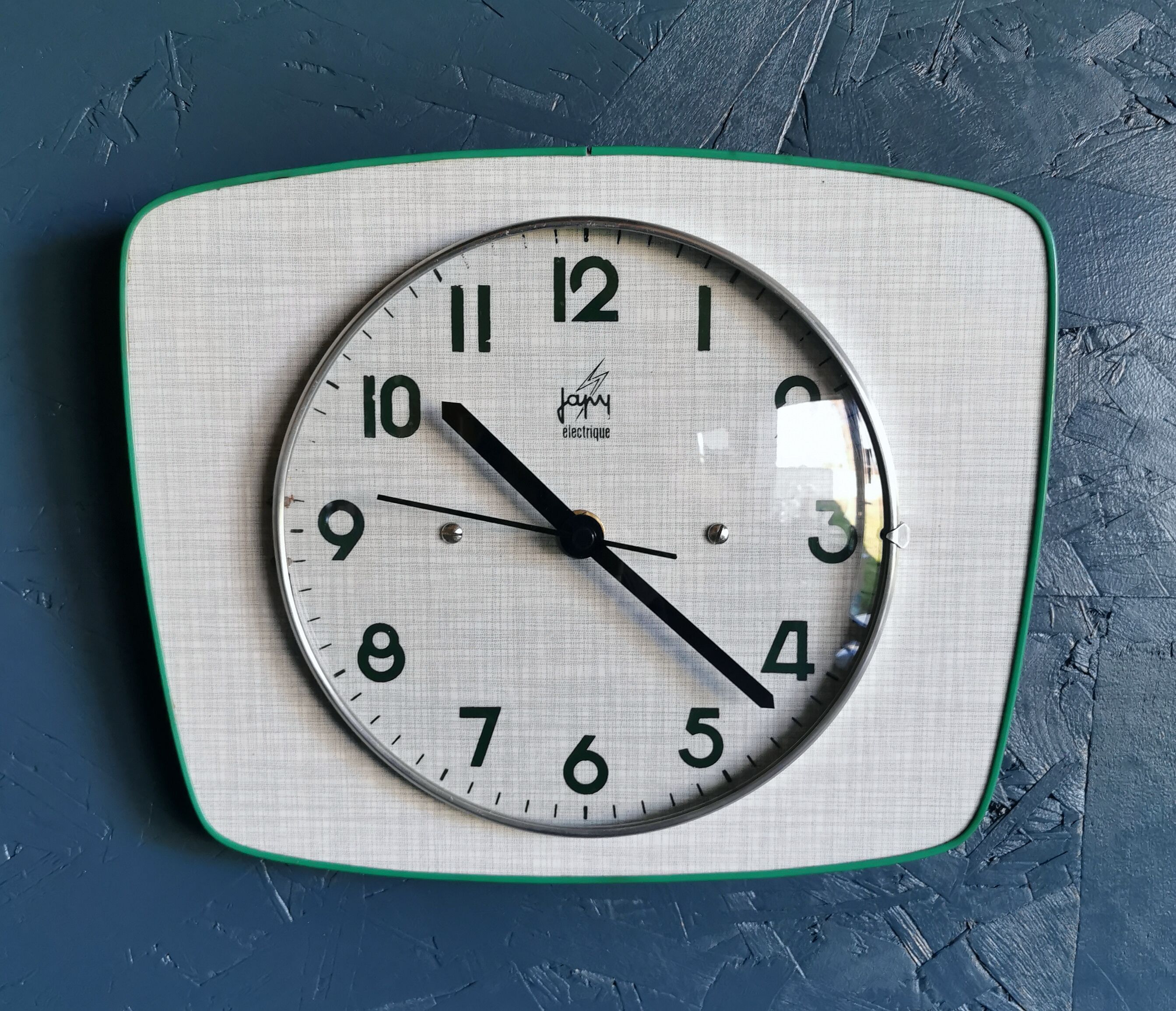 Vintage formica clock silent trapezoid wall clock "Green Japy"