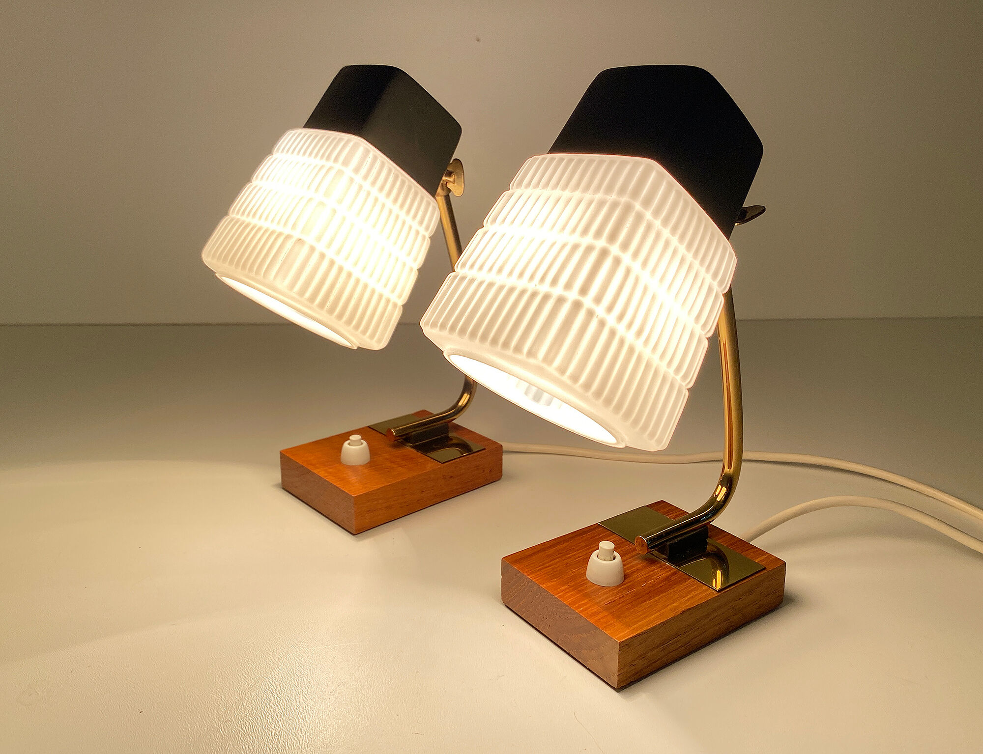 Pair of vintage Scandinavian lamps, teak and glass, 60s