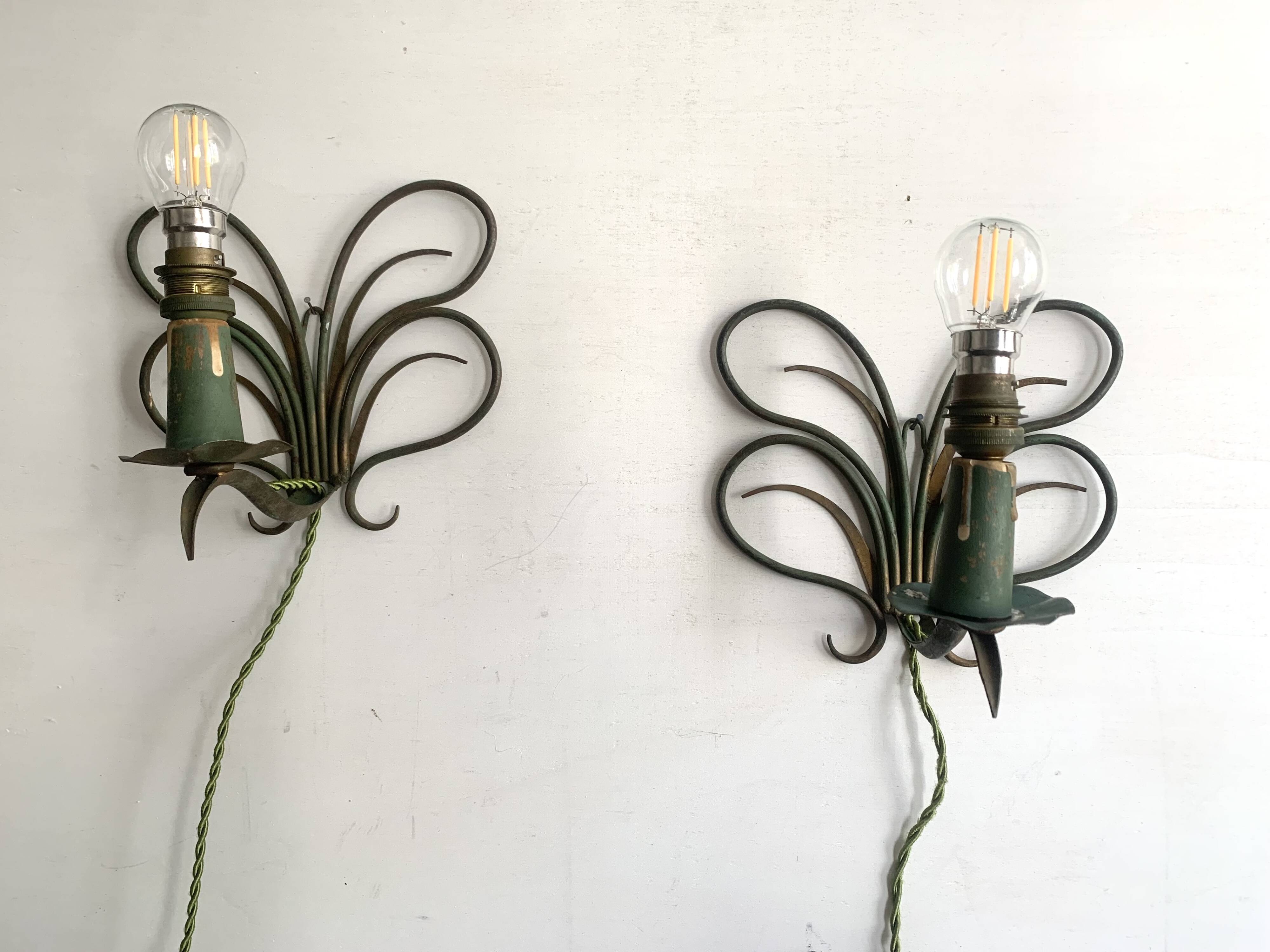 Pair of wall lights in patinated green painted iron, 1950s