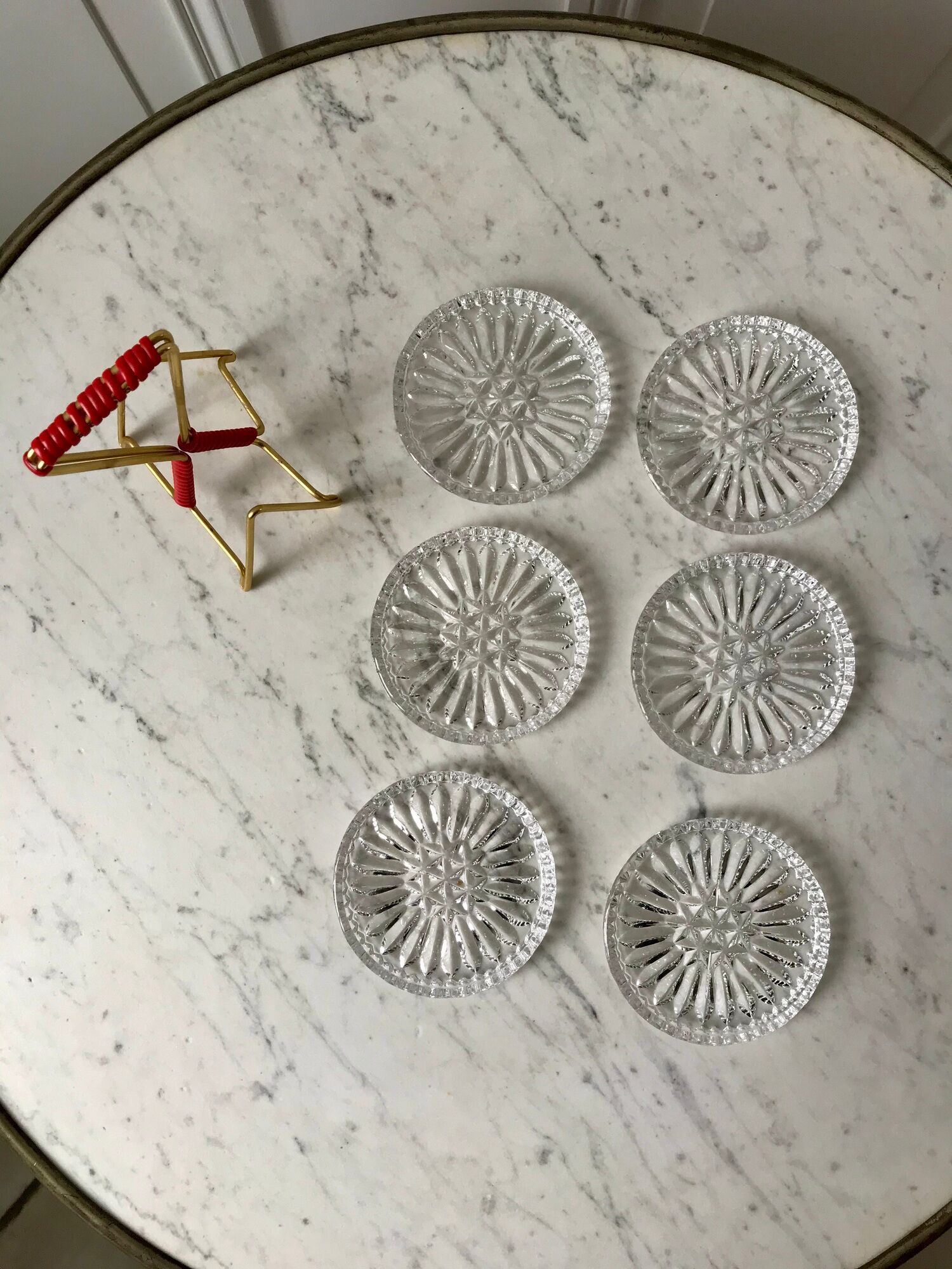 Set of 6 crystal coasters support brass scoubidou years 50-60