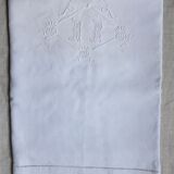 Fine linen sheet with ribbon and florets, monogrammed mr