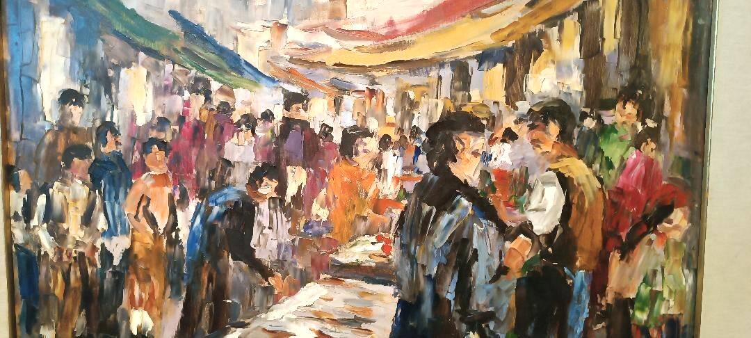Oil painting on canvas "fish market" 70s canvas 70x50 cm signed