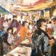 Peinture à l'huile sur toile "marché aux poissons" années 70 toile 70x50 cm signée