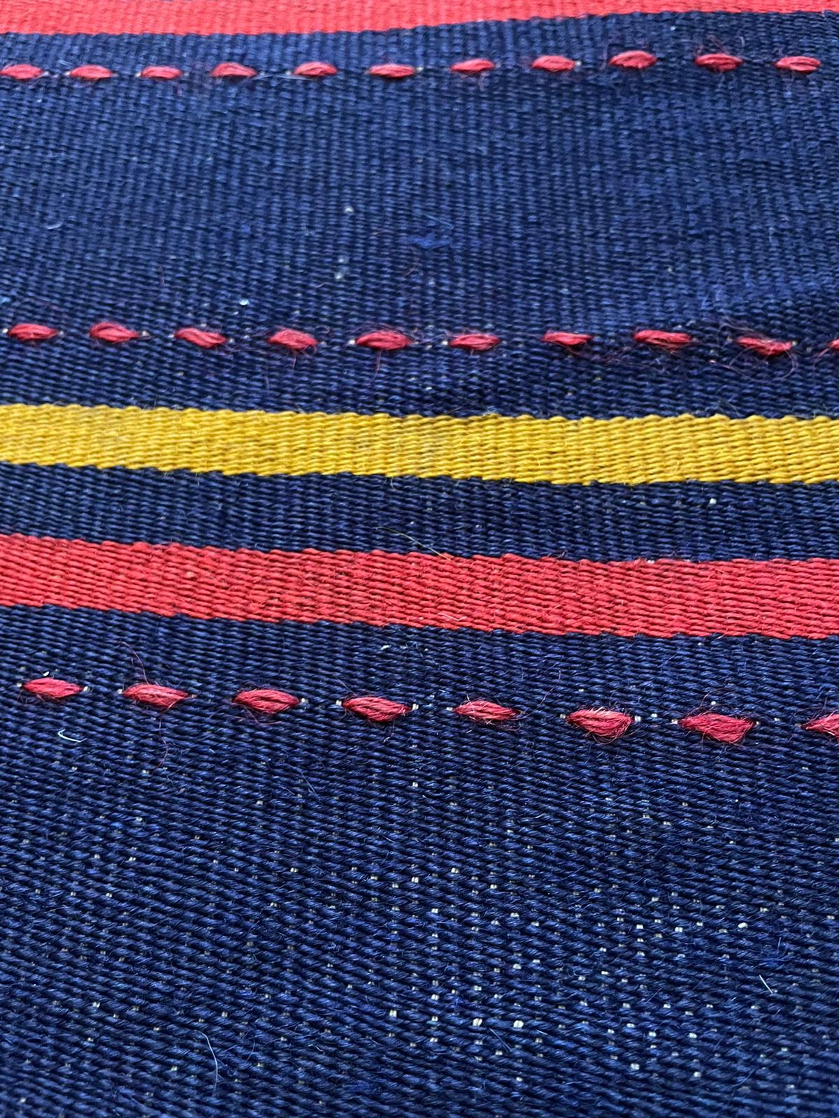 Romanian rug handwoven in wool, purple background with red and yellow stripes 183x133cm