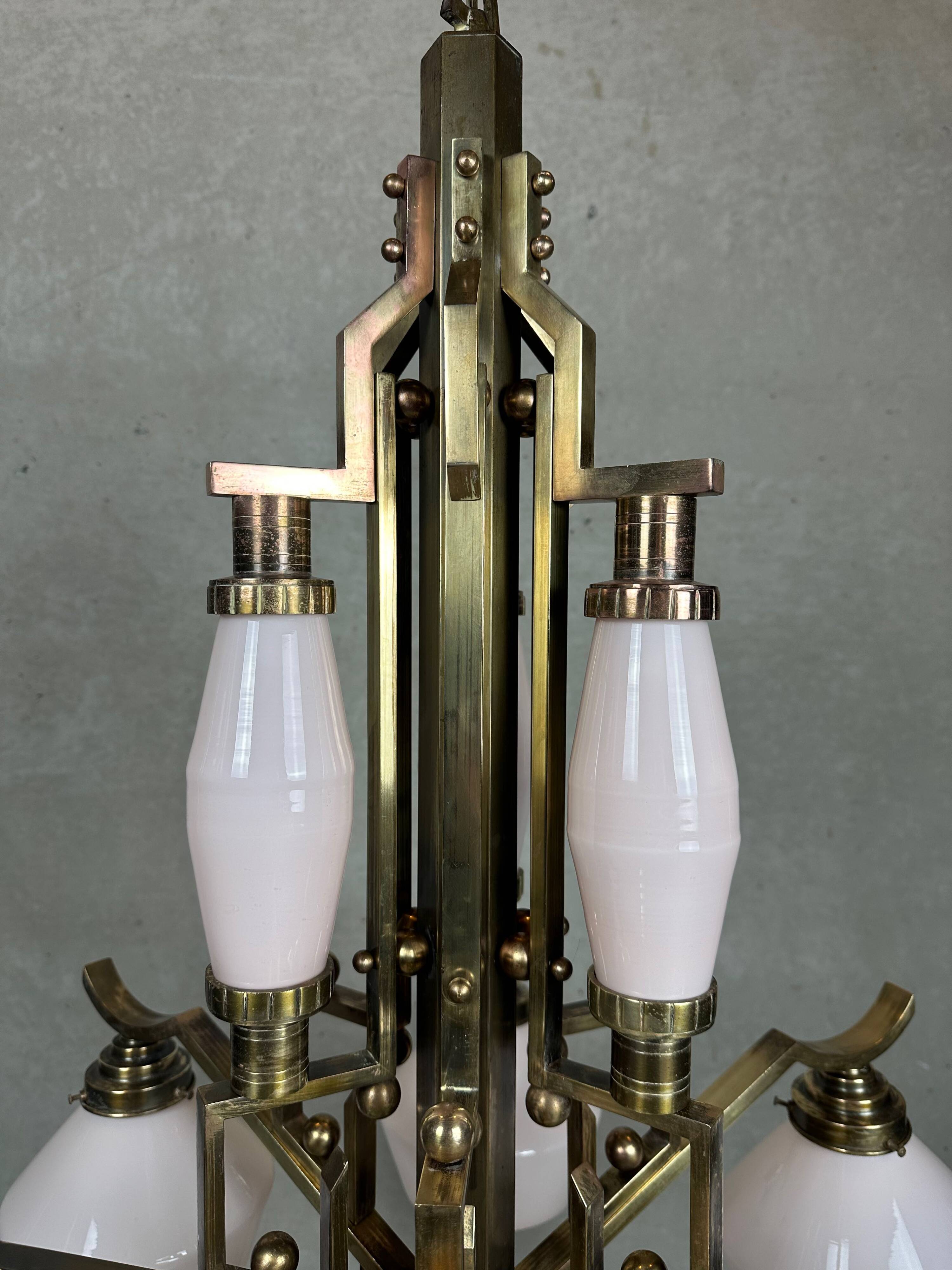 Art deco chandelier – opaline and brass