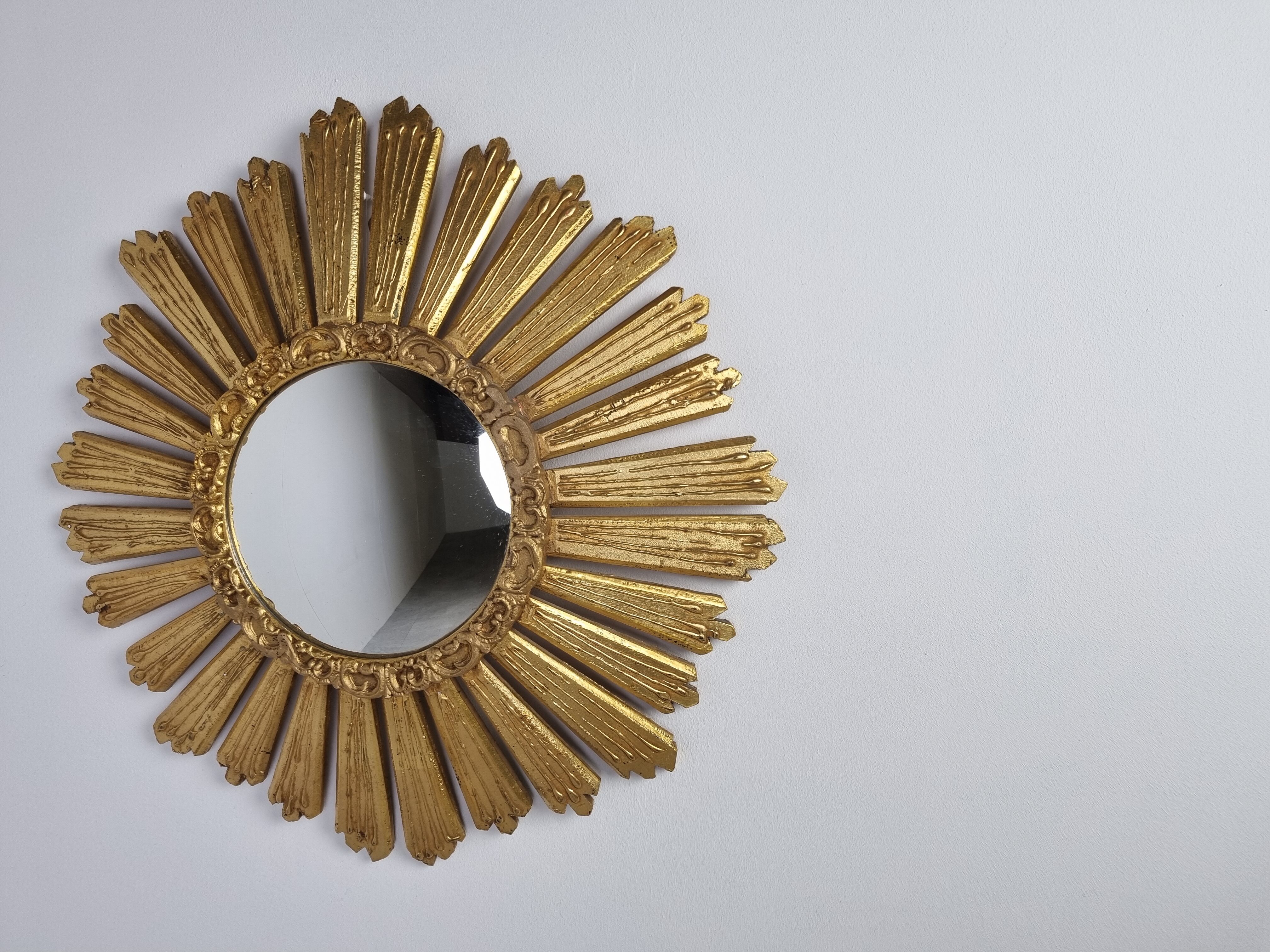 Large vintage golden sunburst mirror 1960s 63cm