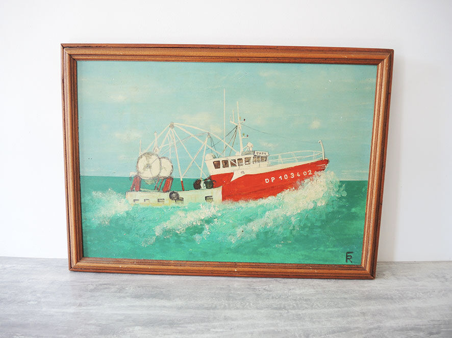 Old painting oil on wood signed: fishing boat "papy"