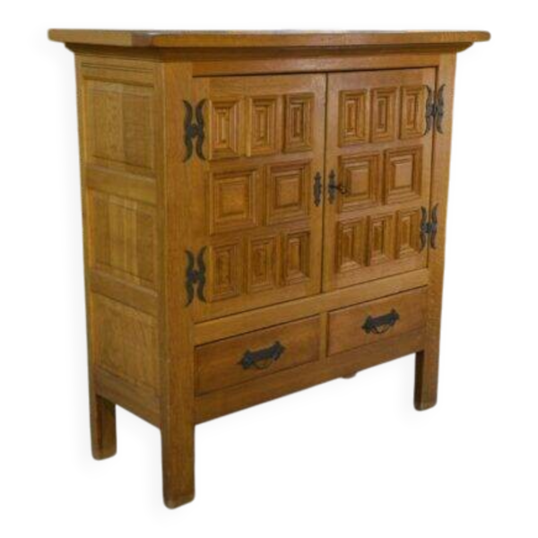 Armoire 2 portes 2 tiroirs en chêne massif et fer forgé style rustique 1960’s