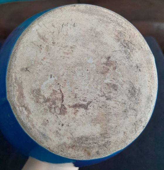 Blue and ocher enamelled stoneware vase with amphora-style handles