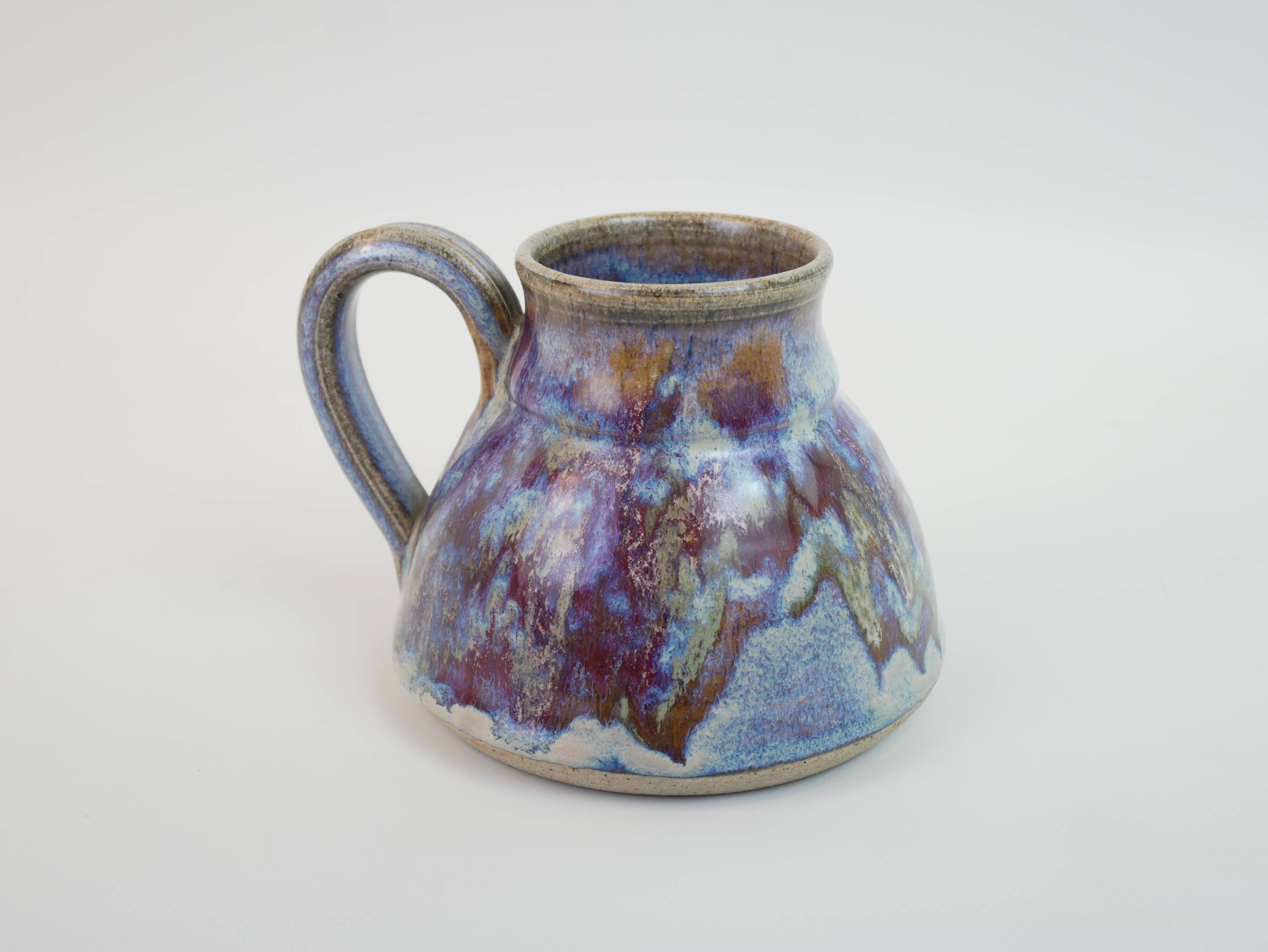 signed blue purple enamel ceramic pitcher