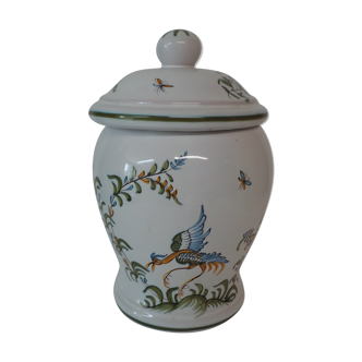 Moustier faience pot has bird decoration and flowers