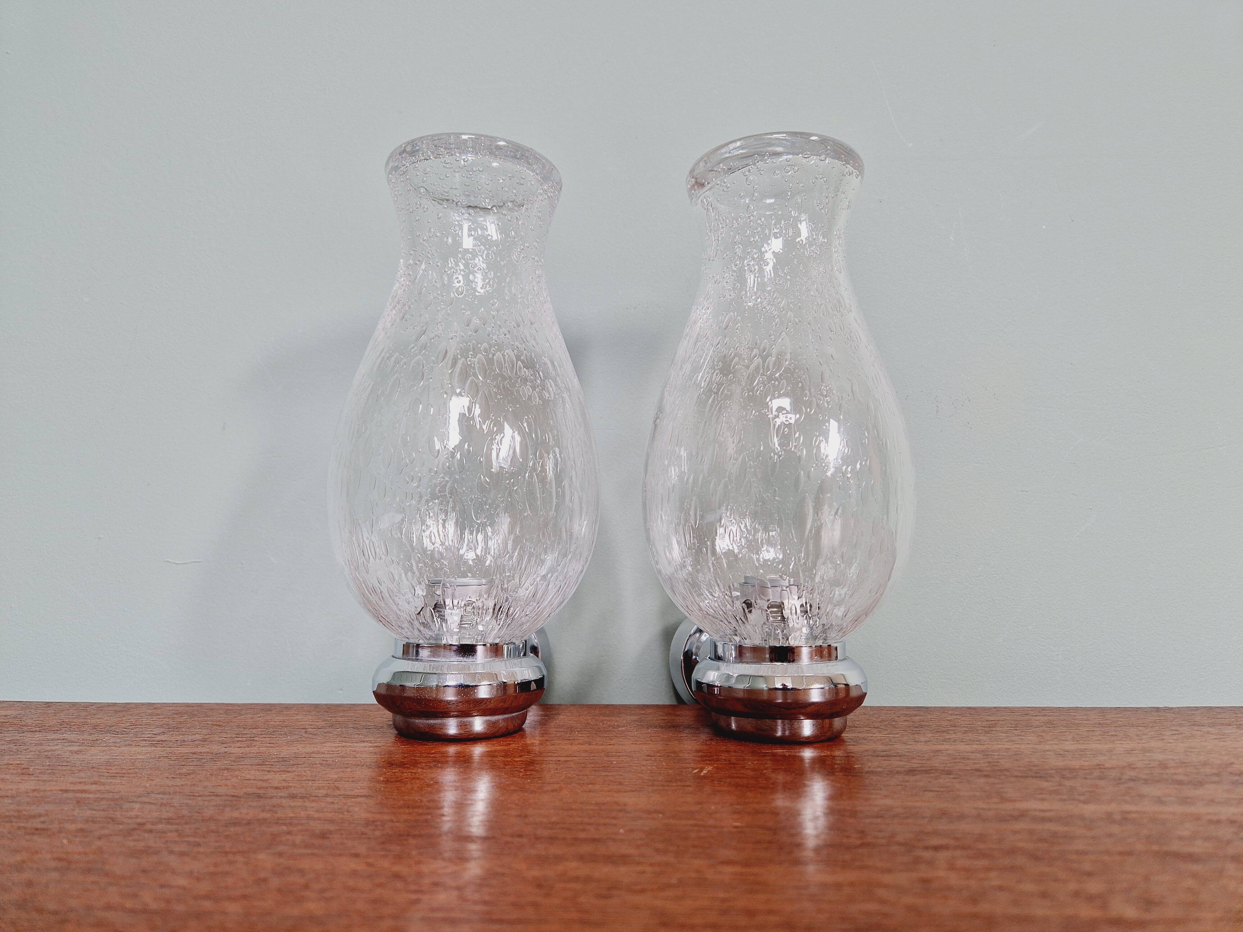 Pair of blown glass and chrome-plated metal wall lights, 1970s