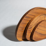 Trio of rounded triangular shaped trays or cups in monoxyl teak