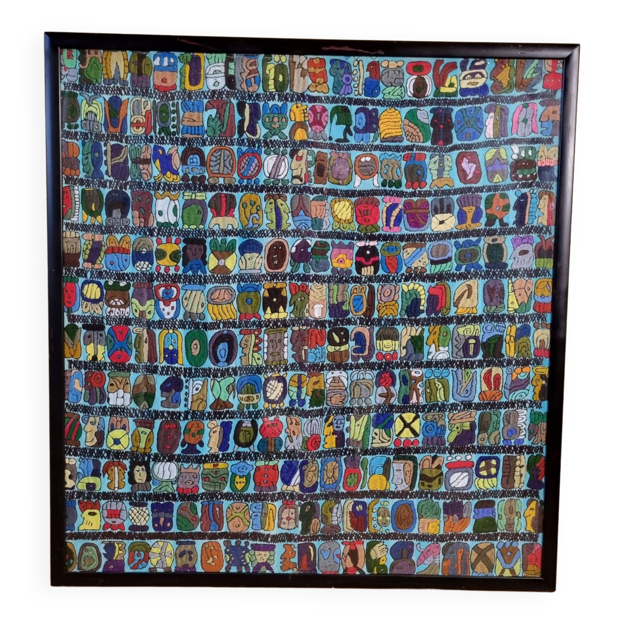 Native American tapestry, embroidered framed, colorful Mayan symbology, 84 cm