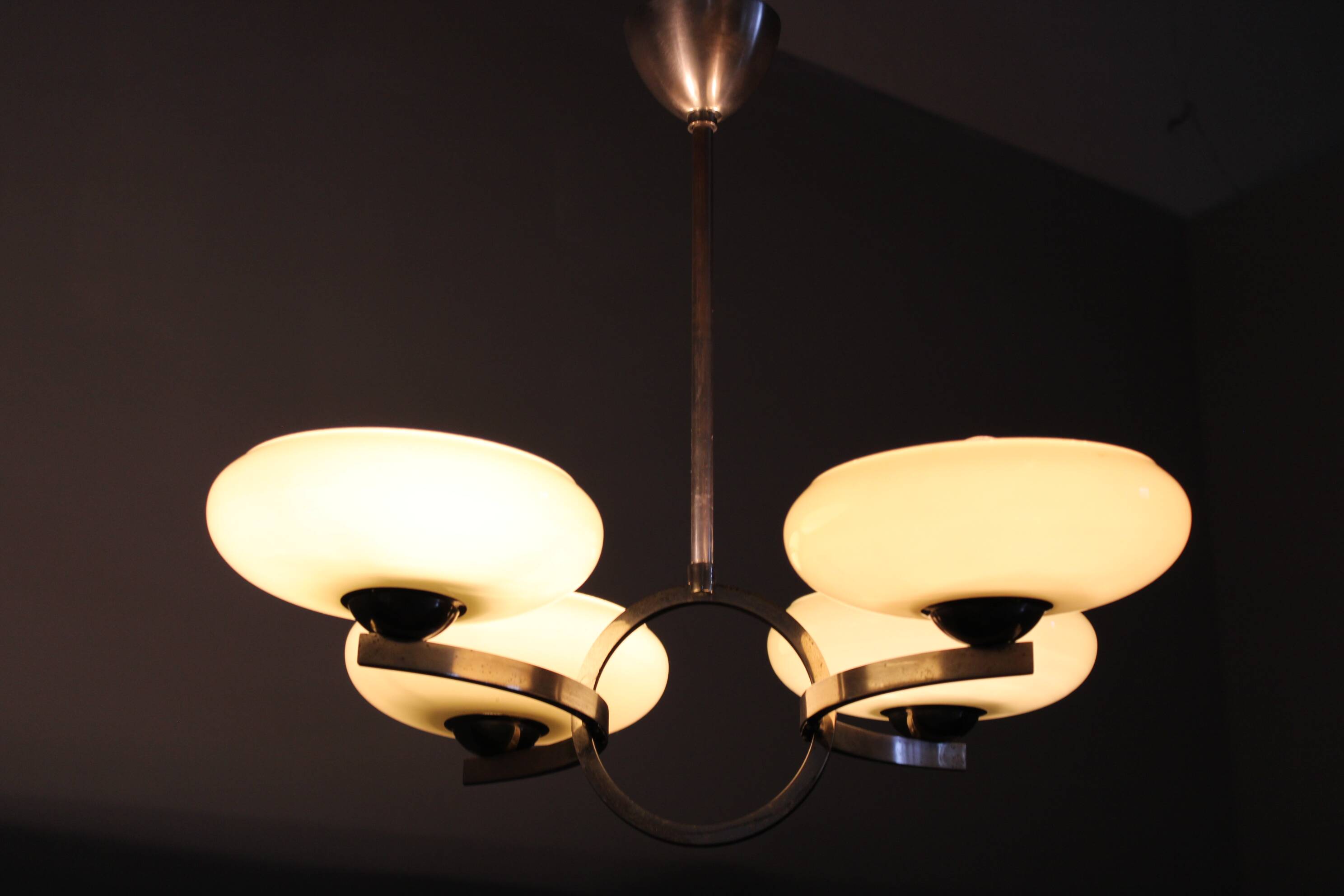 Art Deco nickel chandelier with champagne glass, Czechoslovakia 1930s