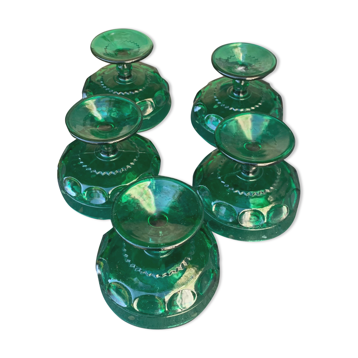 5 cups, vintage green glass verrines