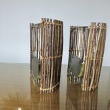 Pair of "tiki ona" wall lights in branches and rattan, 1980