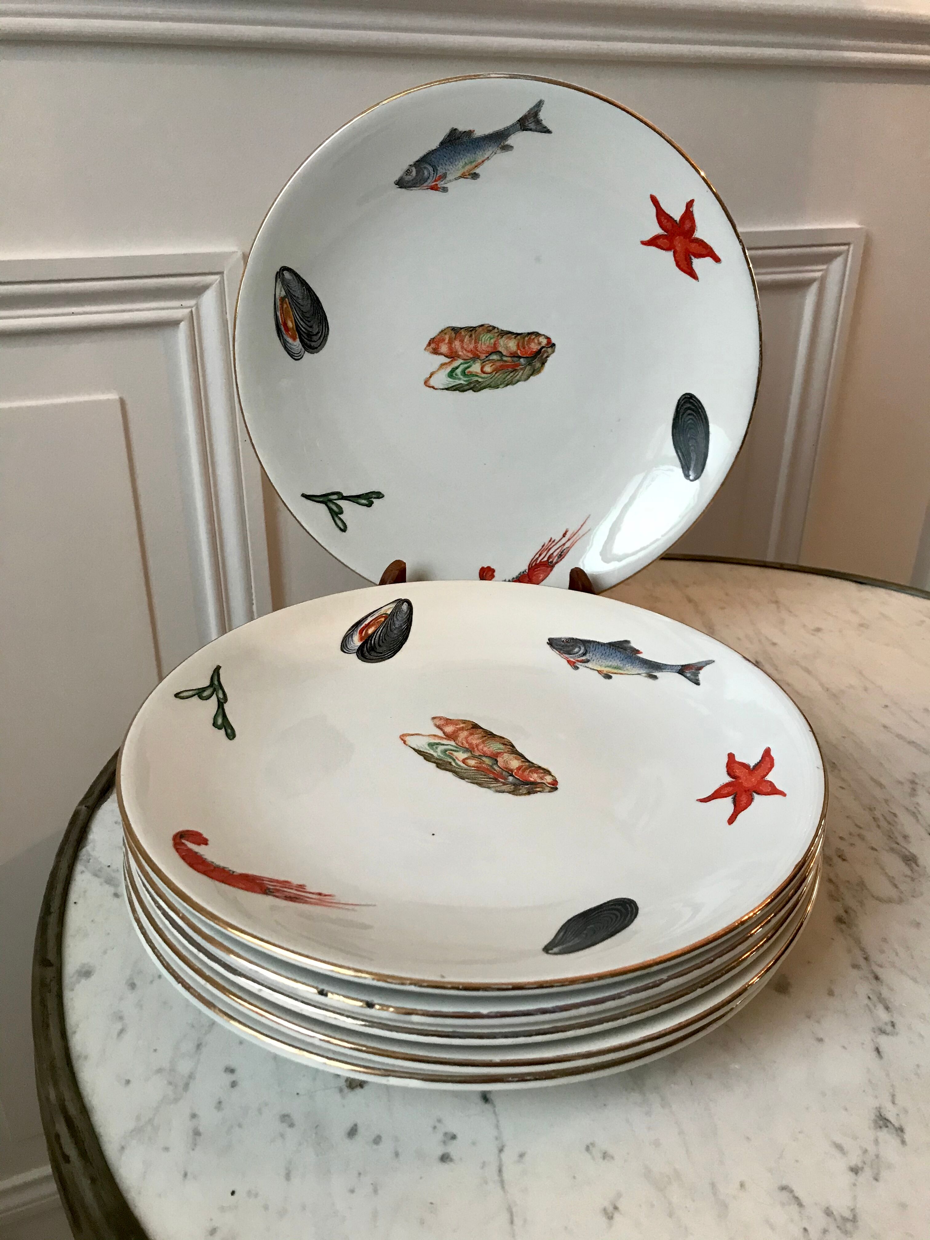 Lot de 6 assiettes plates Digoin Sarreguemines modèle "Neptune" années 60-70