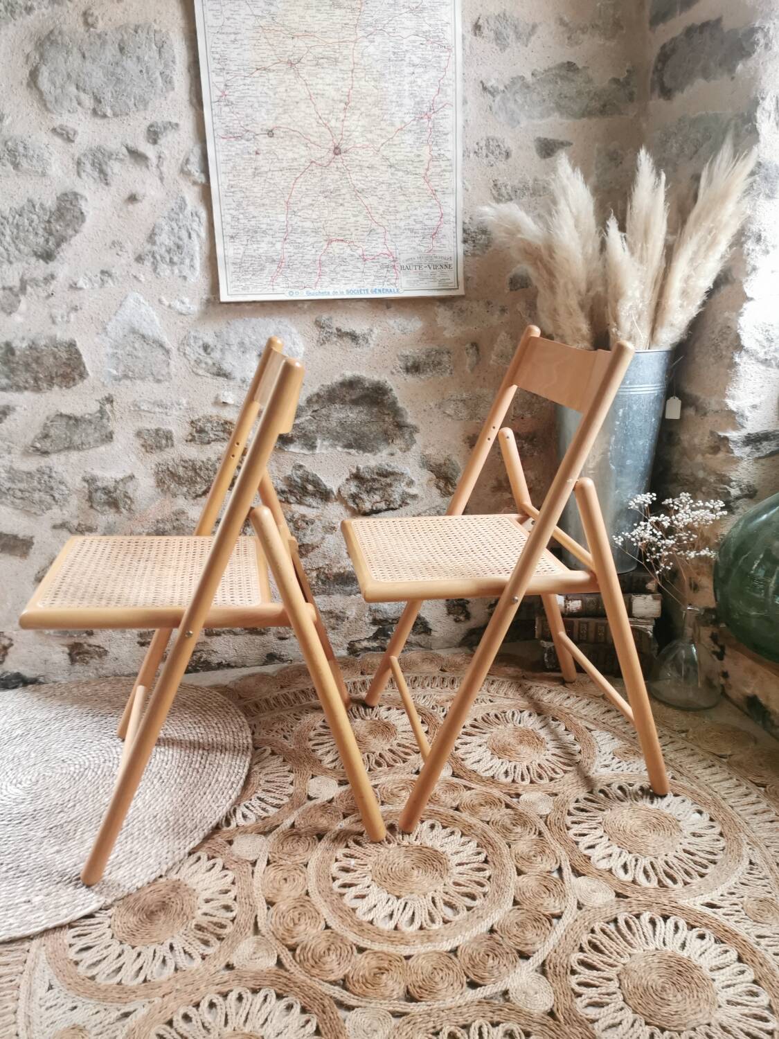 2 Vintage Folding Chairs, Beech and Rattan Canework