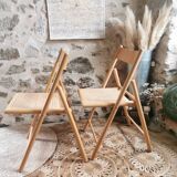 2 Vintage Folding Chairs, Beech and Rattan Canework