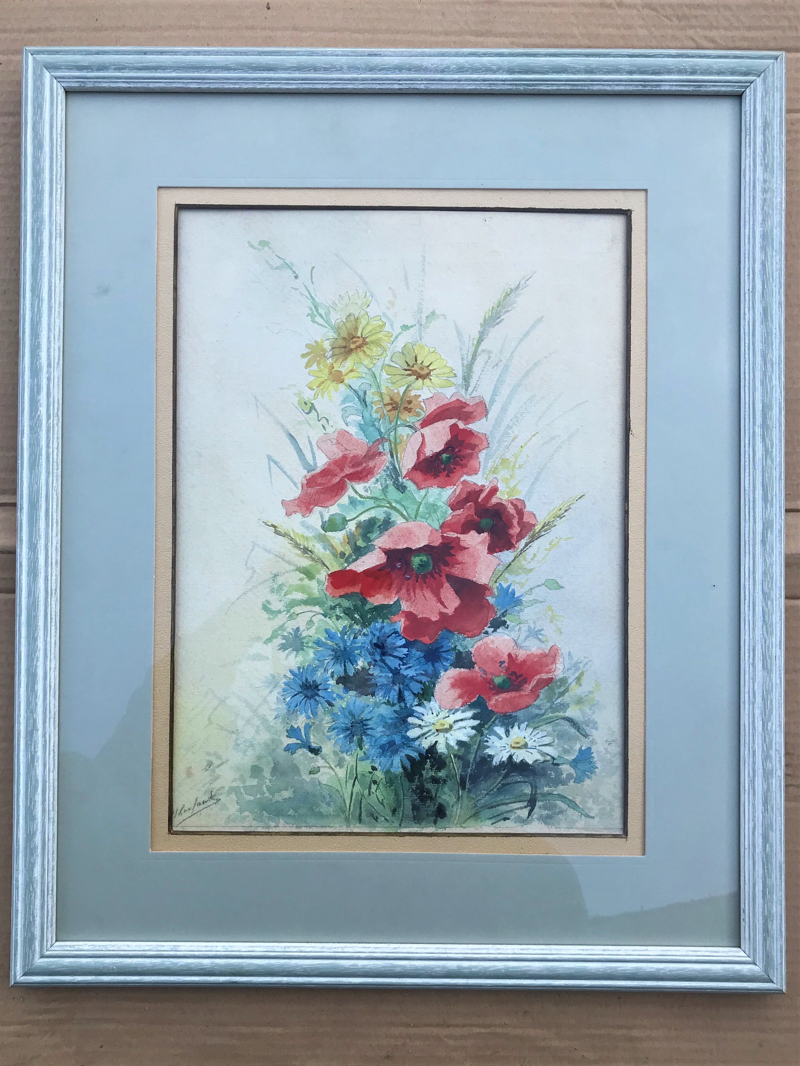 Watercolor poppies, blueberries and maguerites