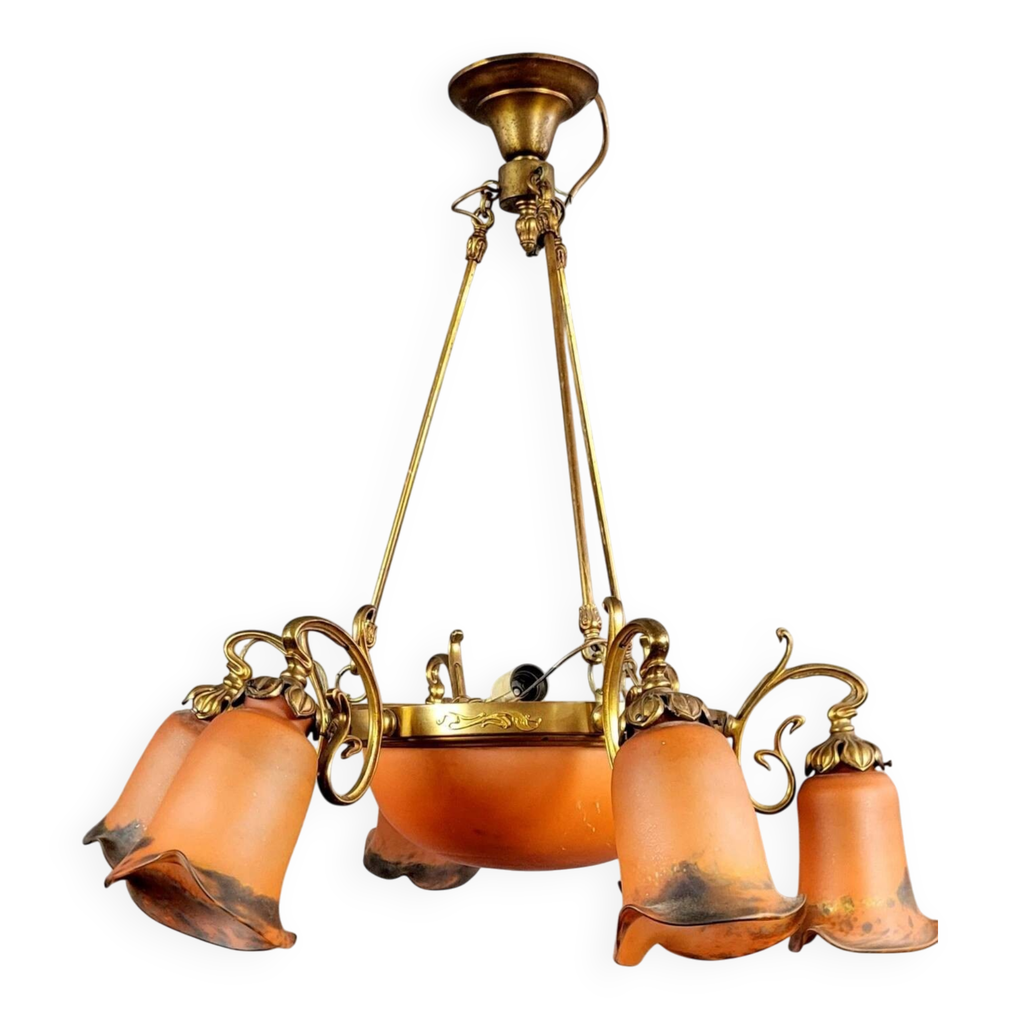 After Muller: Art Nouveau style chandelier in brass, bronze and glass paste